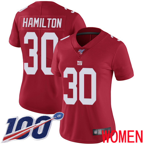 Women New York Giants #30 Antonio Hamilton Red Limited Red Inverted Legend 100th Season Football NFL Jersey->women nfl jersey->Women Jersey